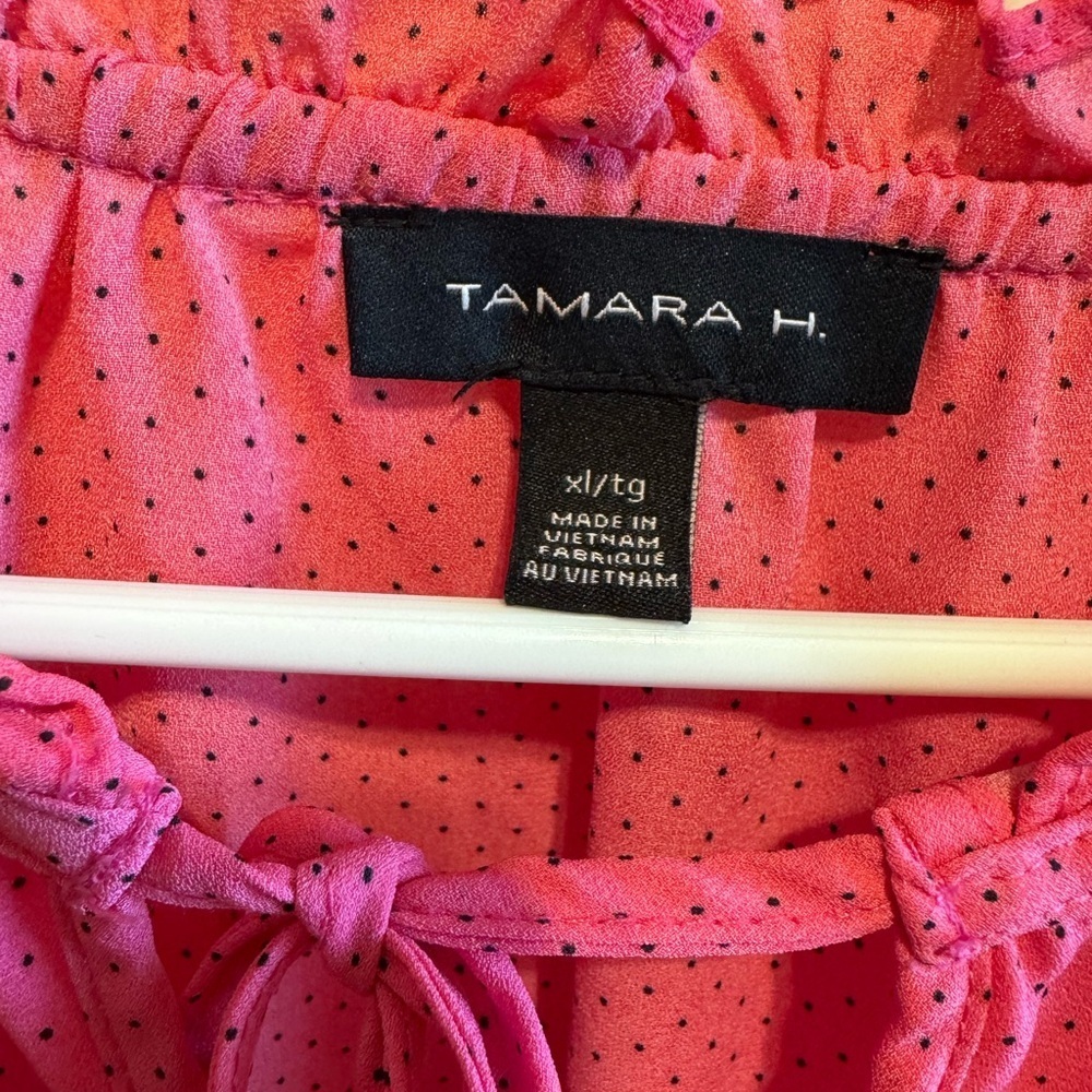 Tamara H Pink Black Dot Blouse Ruffle Cap Sleeve Neck Tie shirt Sz XL - Picture 4 of 11